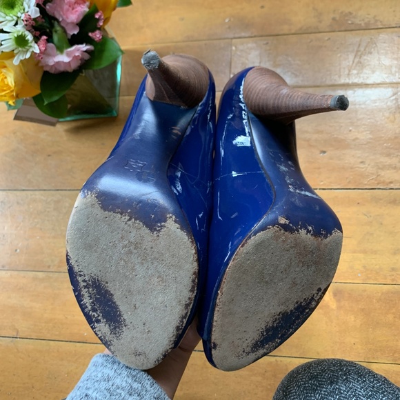 BCBG Patent Leather Blue Peep Toe Heels - Picture 3 of 6